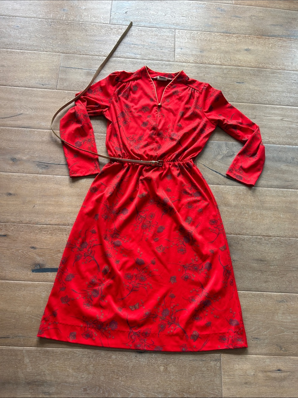 jcpenney Red Long-Sleeve Floral Dress with Belt